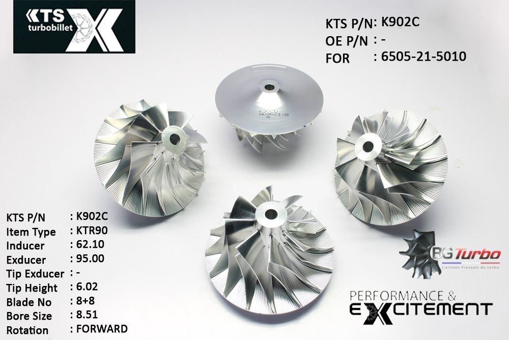 Turbo ROUE FORGÉE MFS PERFORMANCE - 8+8 PALES - INDUCER : 62,1 - EXDUCER : 95 - TYPE : KTR90ANGLE : 70° - ROTATION : Forward - SUPER BACK : 9,1 - BORE SIZE : 8,51

